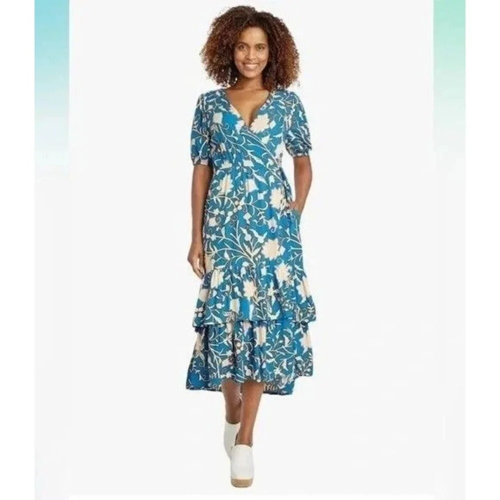 Knox Rose Small Wrap Midi Dress Blue White Ruffled Tiered Floral Short Sleeve
